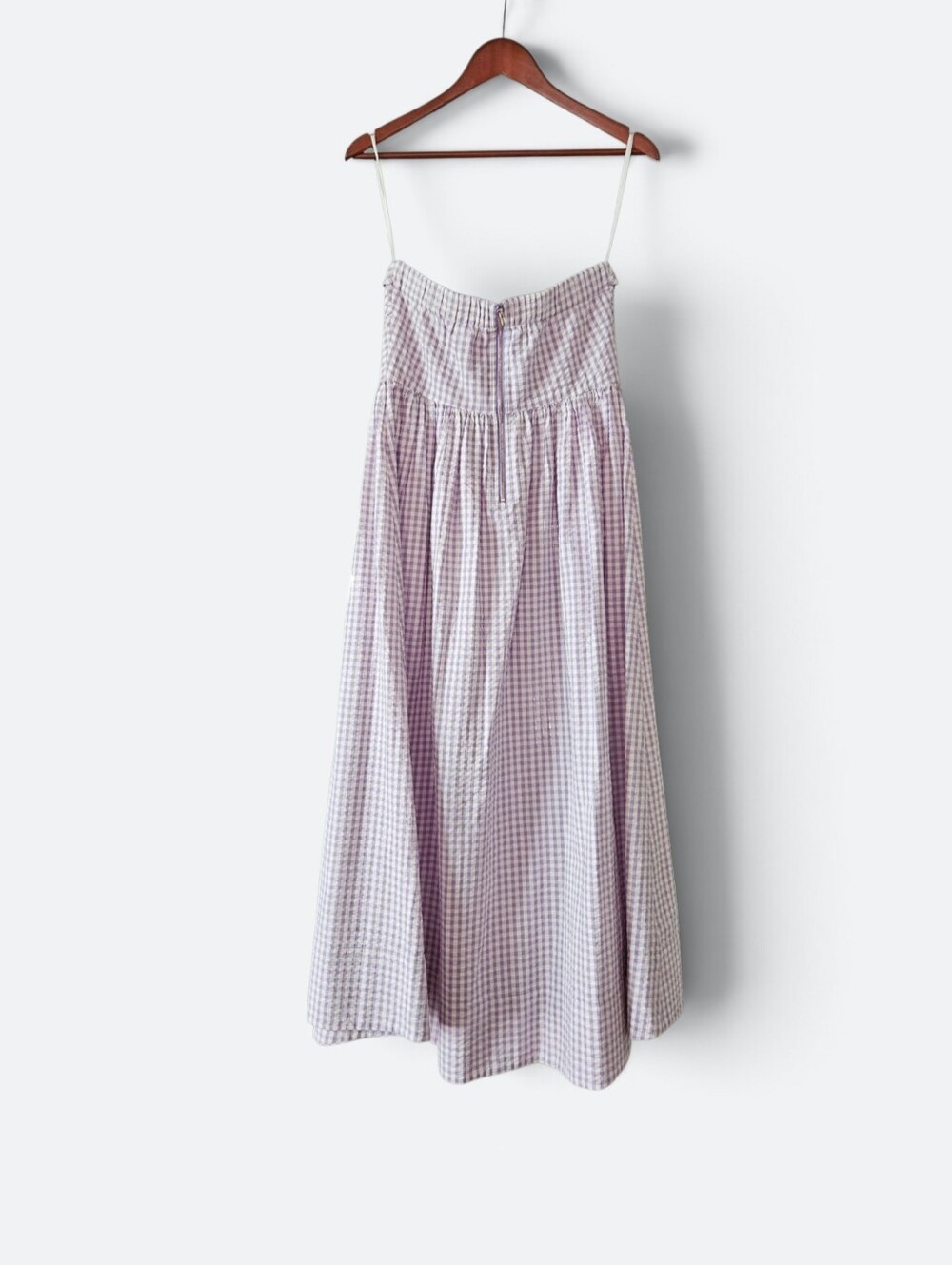 Cartolina Chalmers Strapless Seersucker Midi Dress Wisteria Lavender Gingham M - Picture 4 of 11